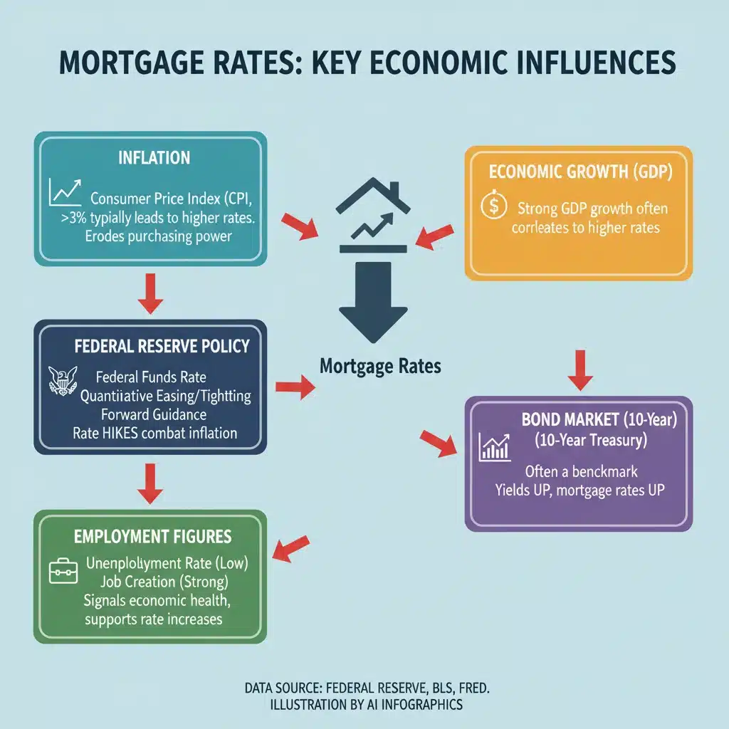 Infographic showing economic indicators like inflation, Fed policy, and employment impacting 2026 mortgage rates.