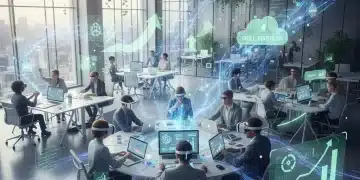Professionals engaging with futuristic online learning platforms, symbolizing career advancement and financial return.
