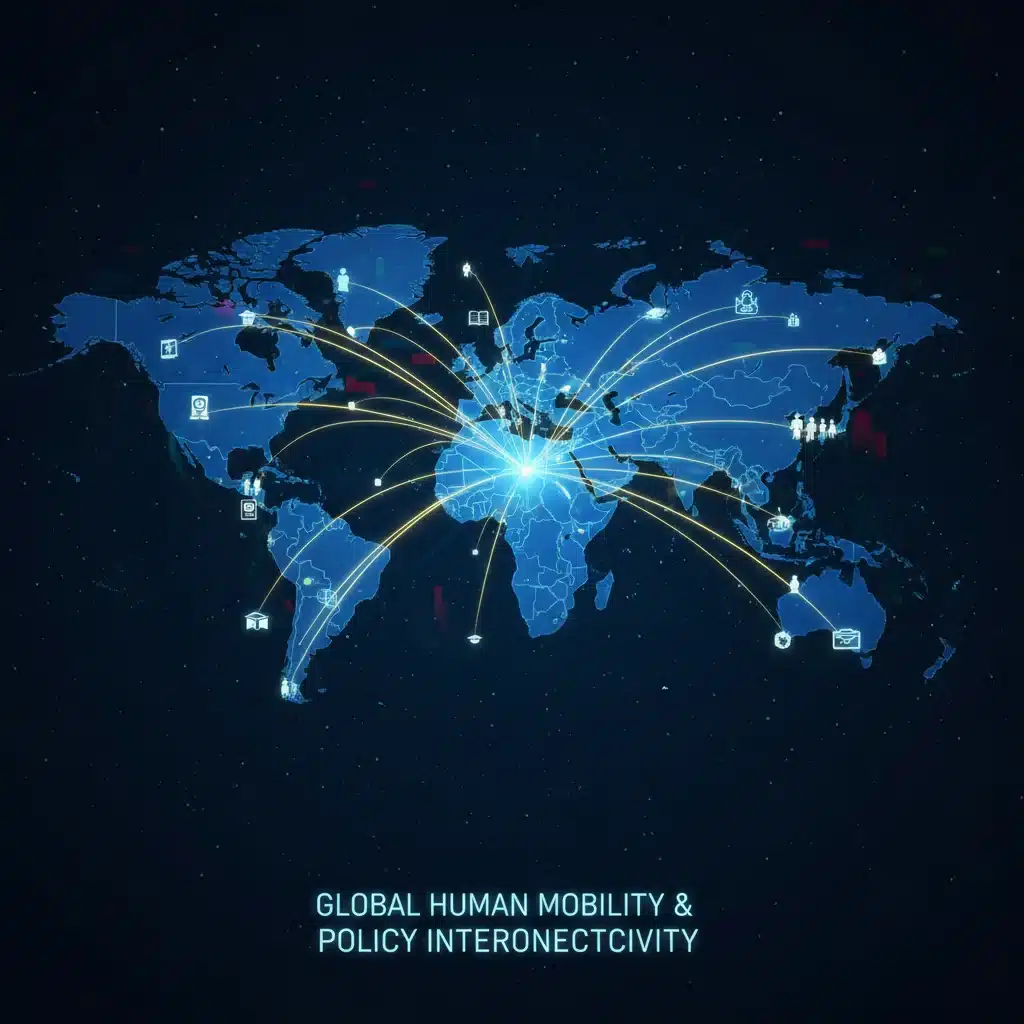 World map illustrating global migration routes to the United States, reflecting international immigration policies.
