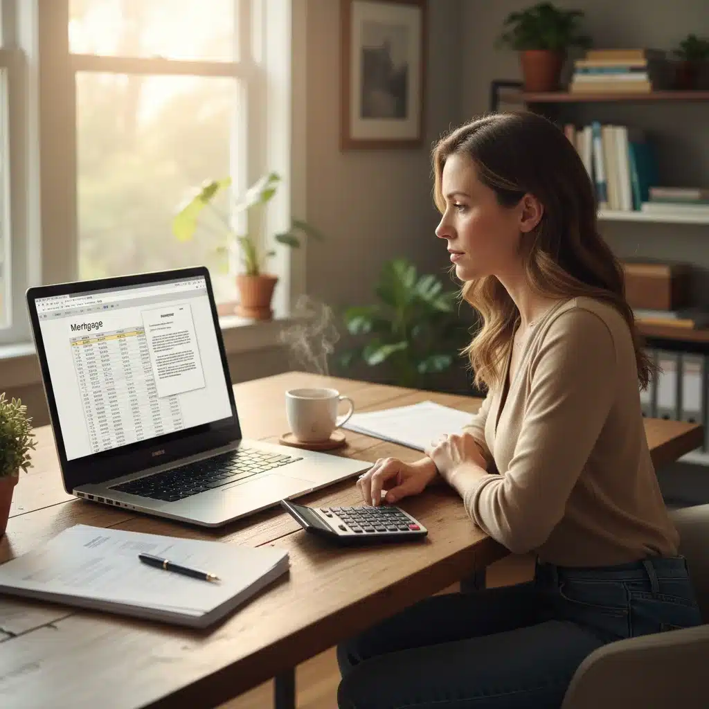 Homeowner reviewing mortgage documents on a laptop, emphasizing careful financial planning for future rates.