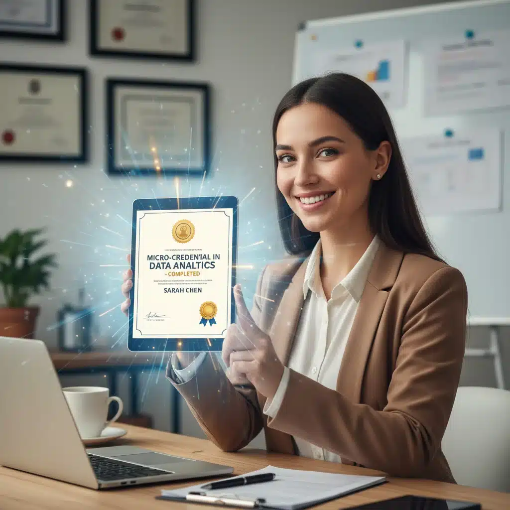 Individual celebrating completion of a micro-credential, showcasing professional achievement.