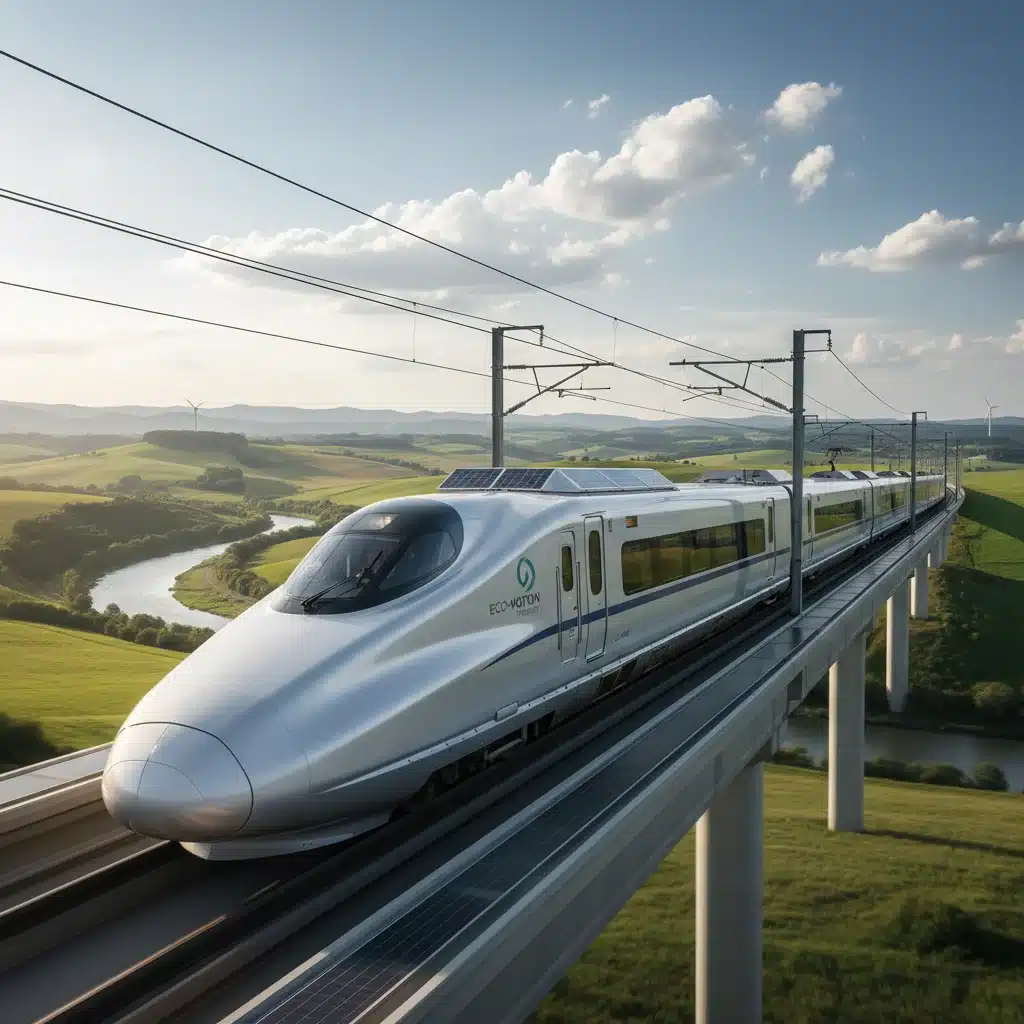 Modern electric train moving through a scenic landscape, representing sustainable public transit