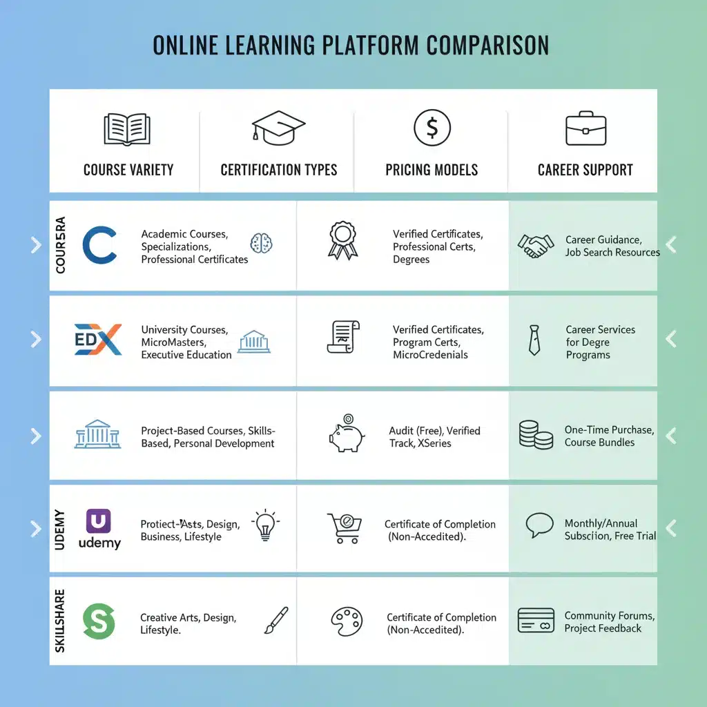 Infographic comparing features and benefits of various online learning platforms for career development.