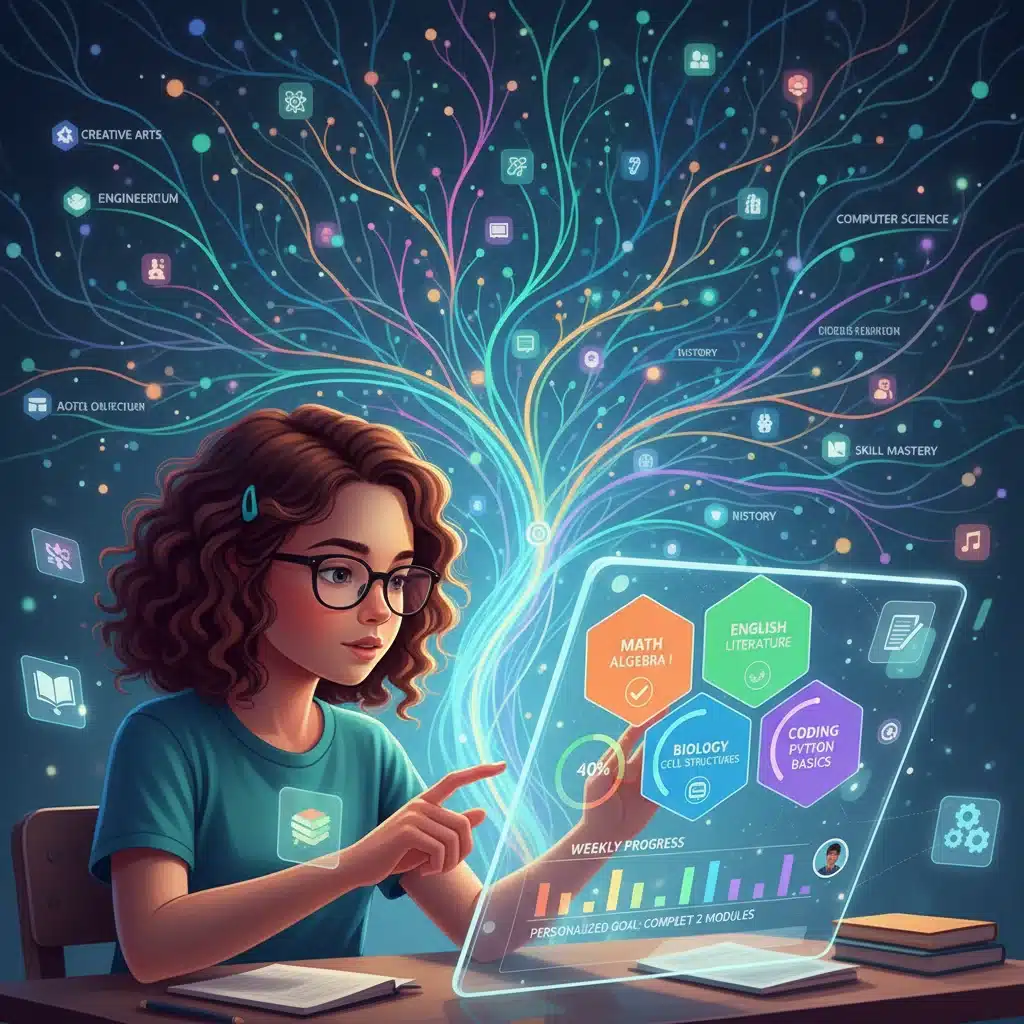 Student engaging with a personalized learning platform, illustrating adaptive education.