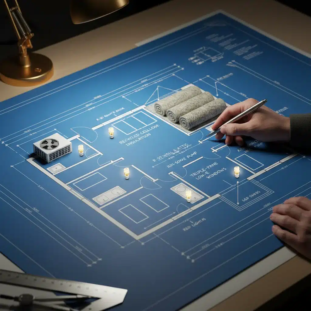 Blueprint with various energy-efficient home improvements like insulation, heat pump, and windows.