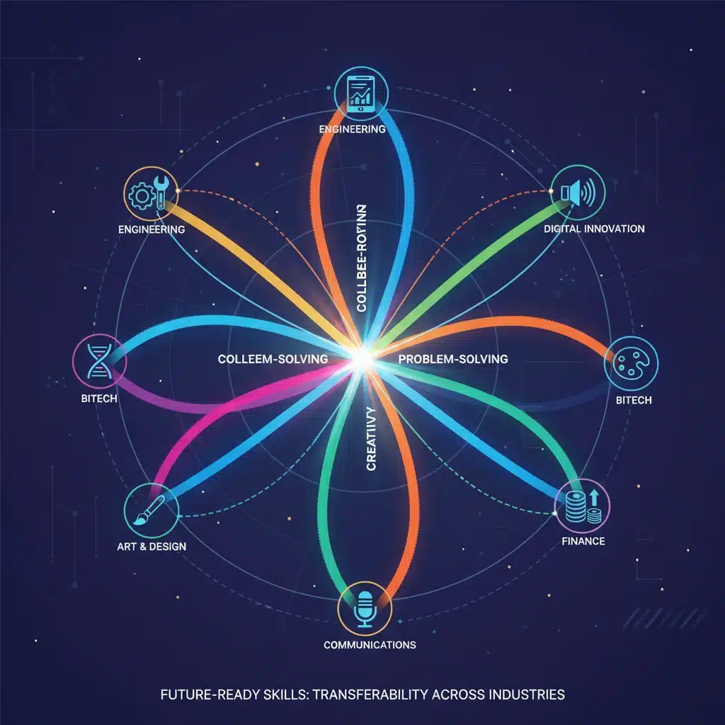 Interconnected skills network showing critical thinking, problem-solving, and collaboration for future careers.