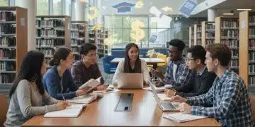 Students discussing federal student aid changes for 2026 in a library setting.