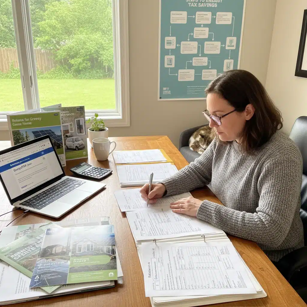 Homeowner reviewing tax credit documents and energy-efficient appliance brochures on a laptop.