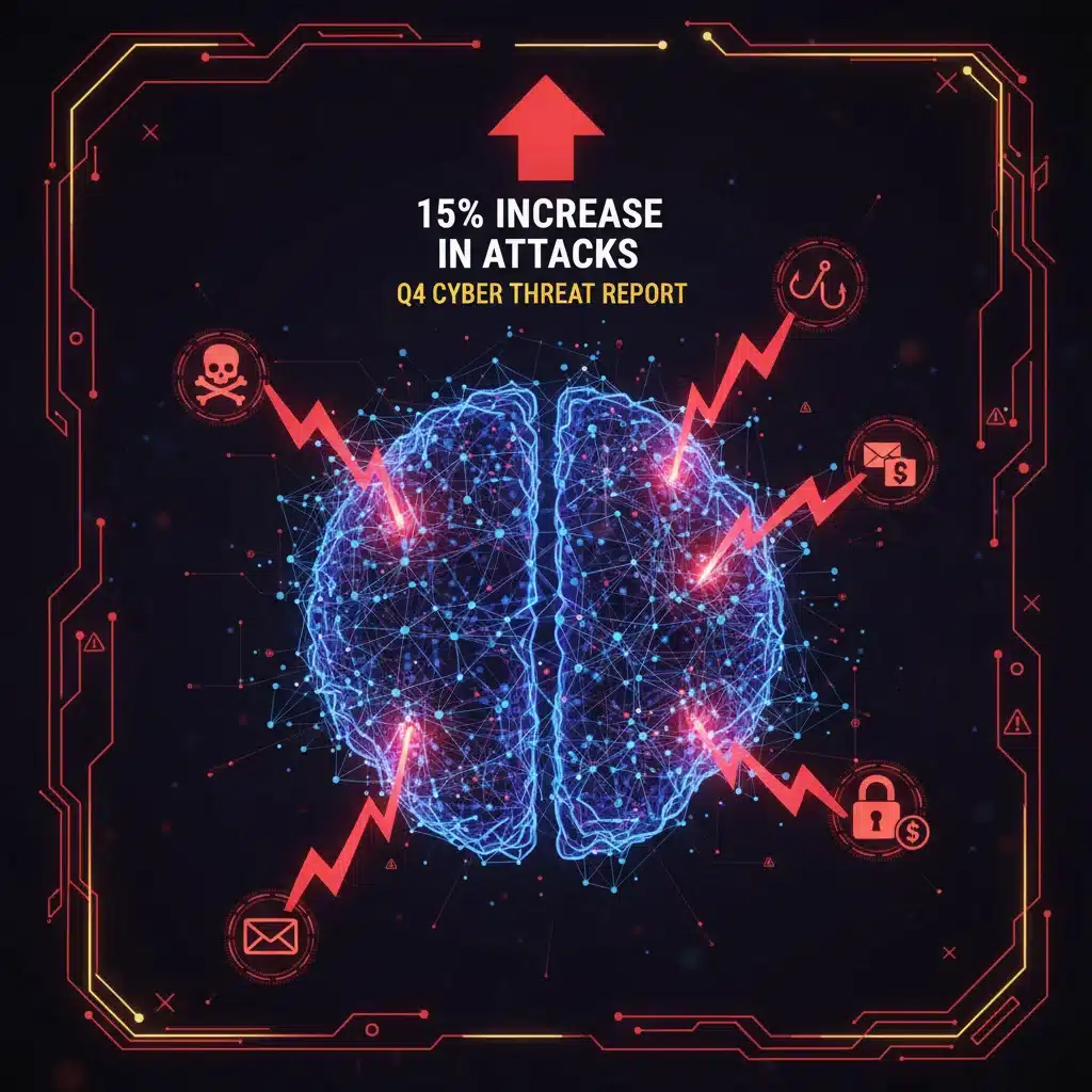 Infographic illustrating a 15% increase in various cyber attack types on a network.