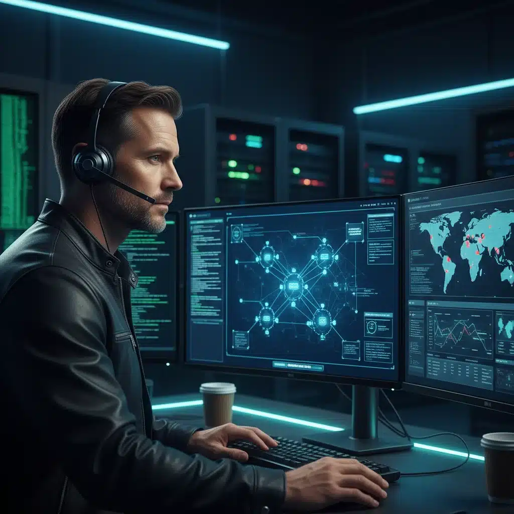 Cybersecurity analyst monitoring threat intelligence in a secure operations center.