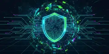 Futuristic digital shield protecting global data streams from cyber threats.