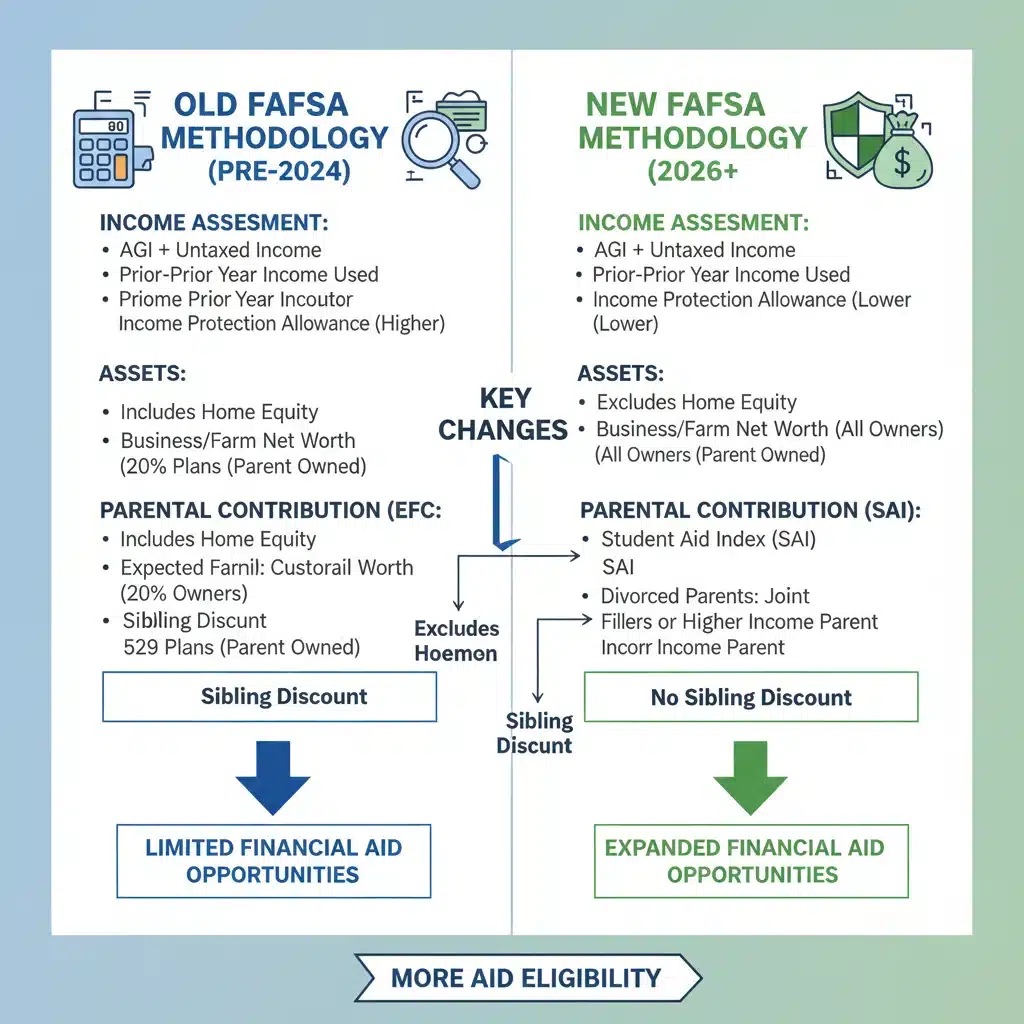 Infographic comparing old and new FAFSA calculation methods