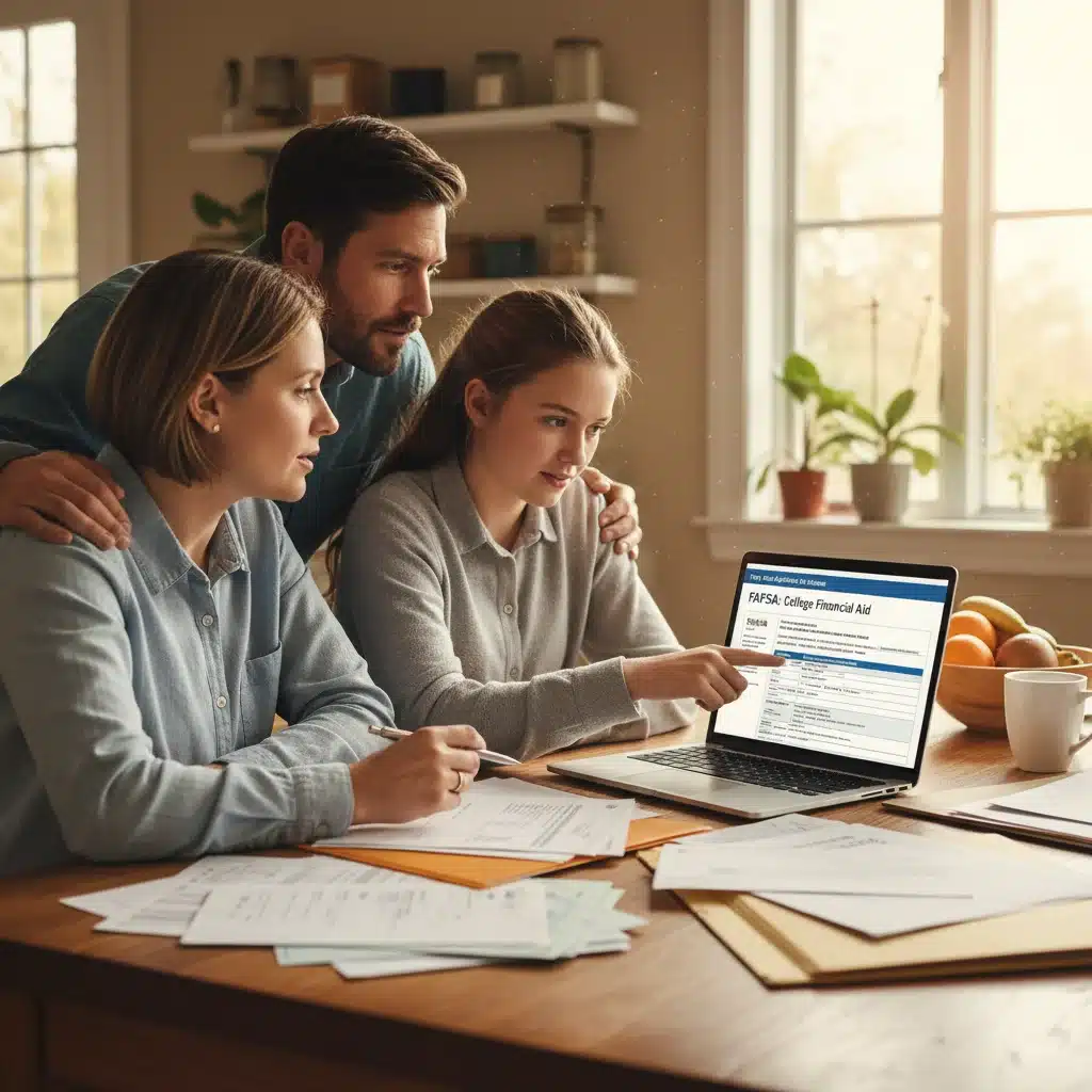 Family discussing college financial planning with FAFSA forms