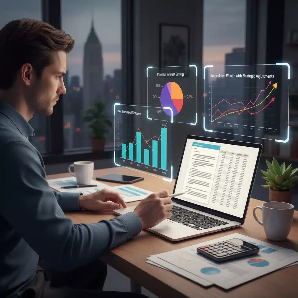 Person analyzing financial statements and loan repayment strategies on a laptop.