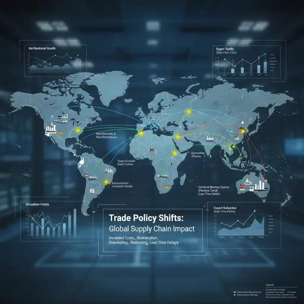 Infographic of global supply chains and economic interdependencies affected by trade agreements.