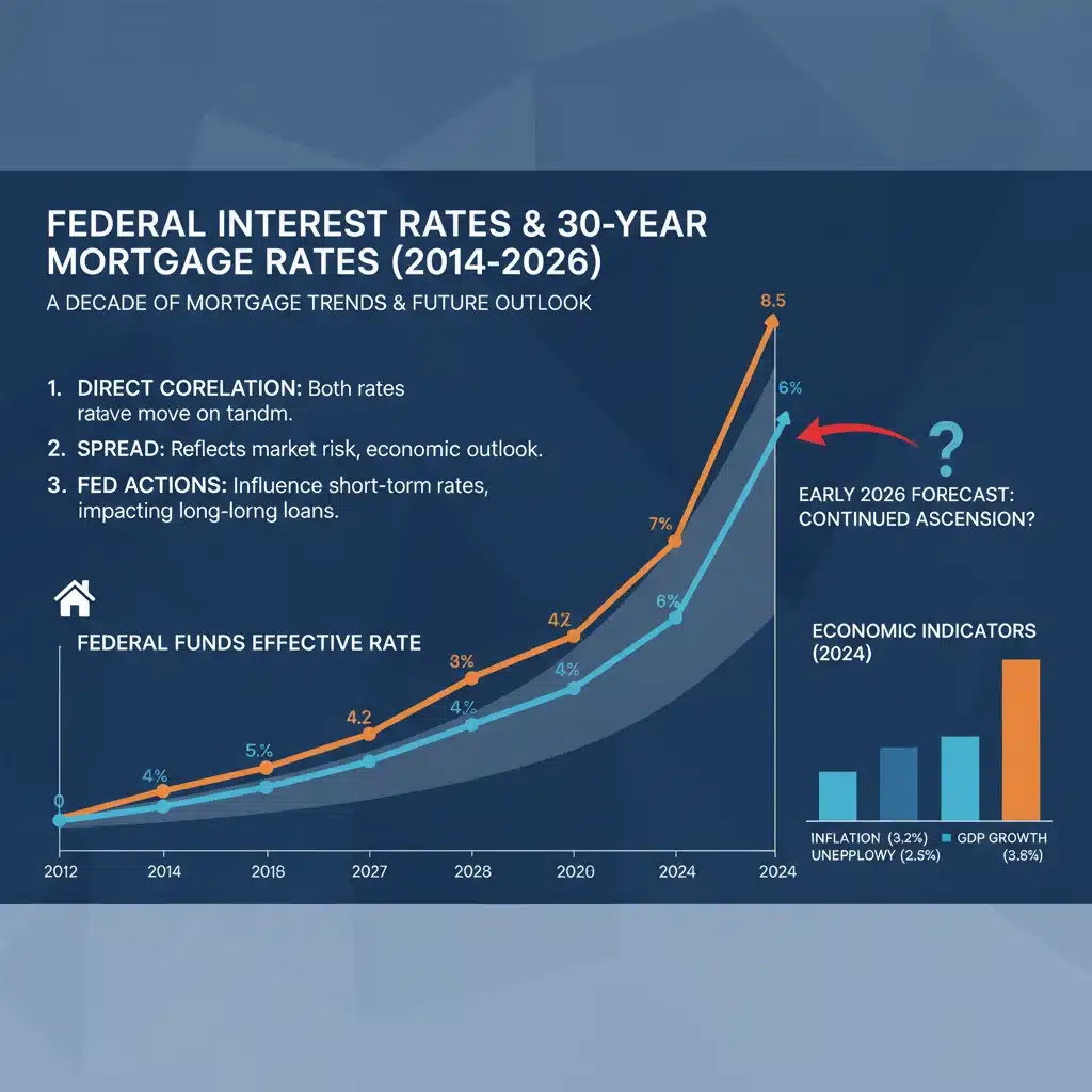 Infographic showing historical and projected federal interest rates and mortgage rates