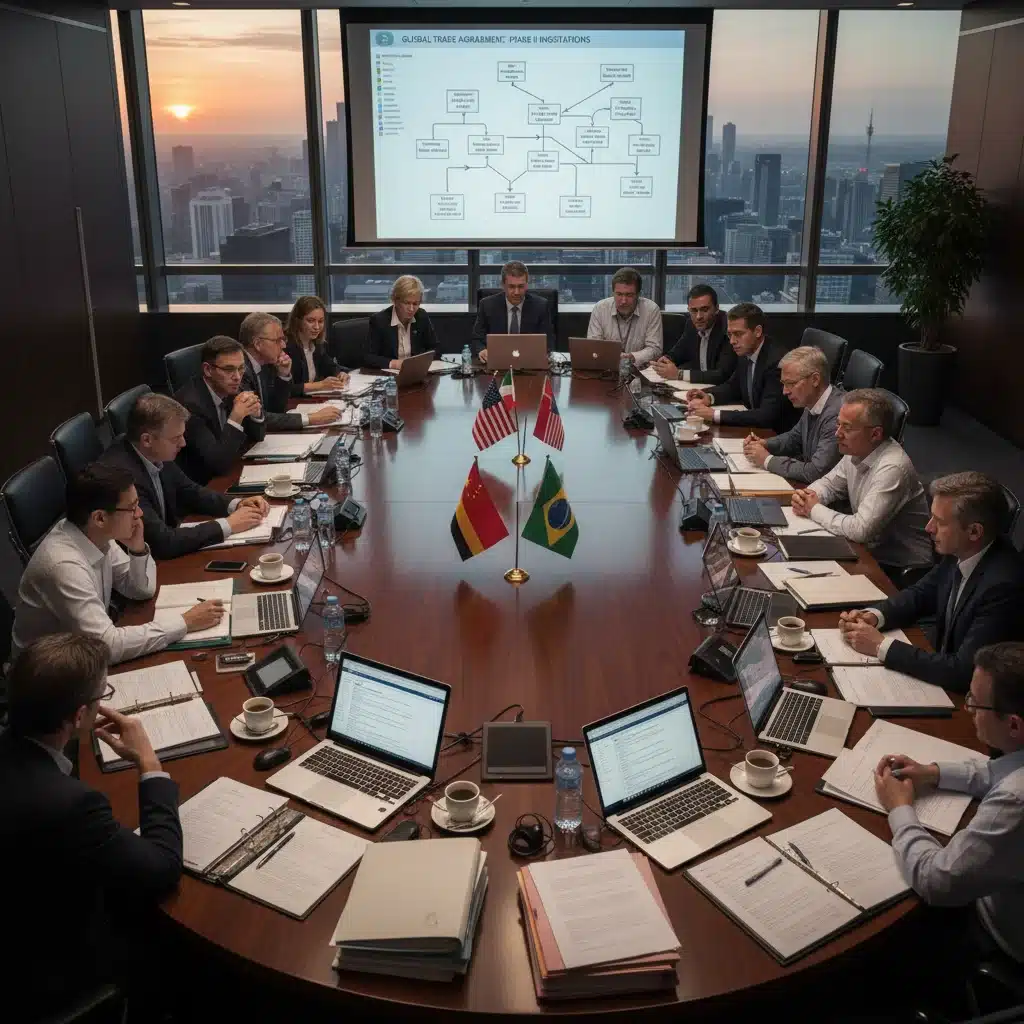 International delegates negotiating a trade agreement in a conference room.