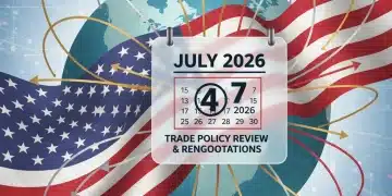 Global trade negotiations, U.S. flag, calendar with 2026 highlighted, symbolizing trade policy review.