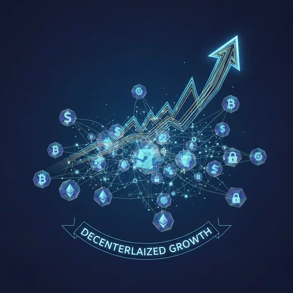 Blockchain network illustration with upward trends, symbolizing growth in cryptocurrency and digital assets.