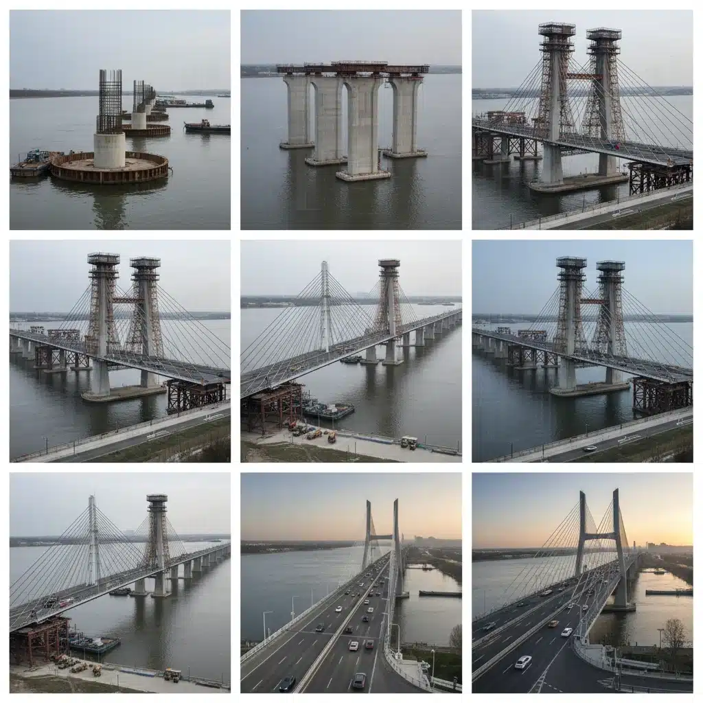Phased construction of a large bridge structure, showing progress