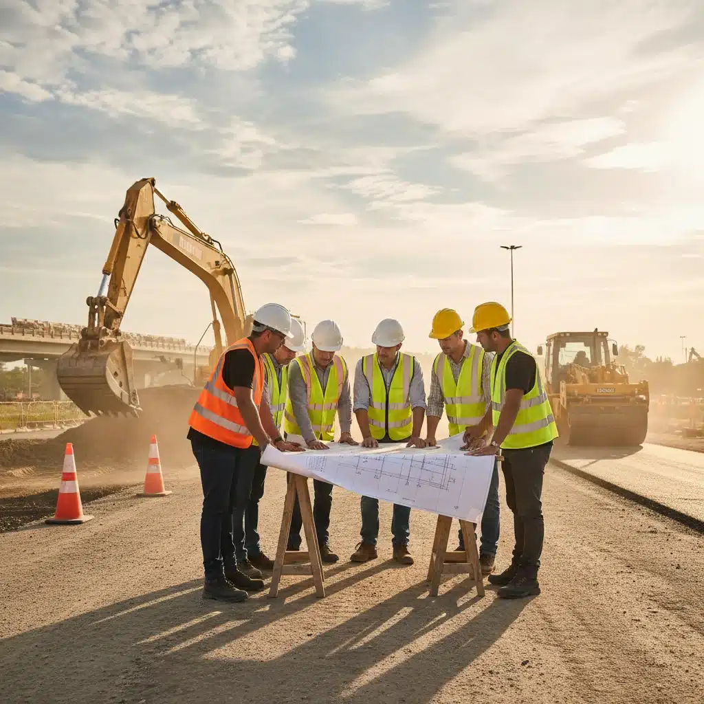 Construction workers reviewing blueprints for road and bridge repair project