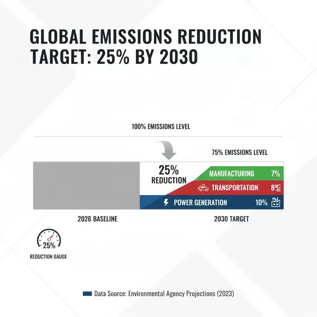 Infographic detailing projected 25% emissions reduction by 2030 across key sectors