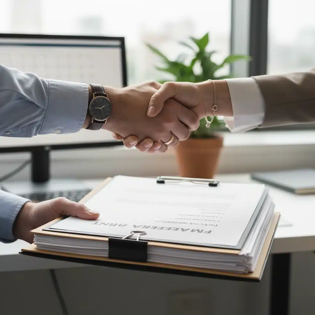 Employee and HR representative shaking hands over FMLA documents