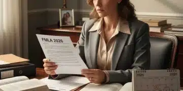 Woman reviewing FMLA 2026 benefits documents at a desk