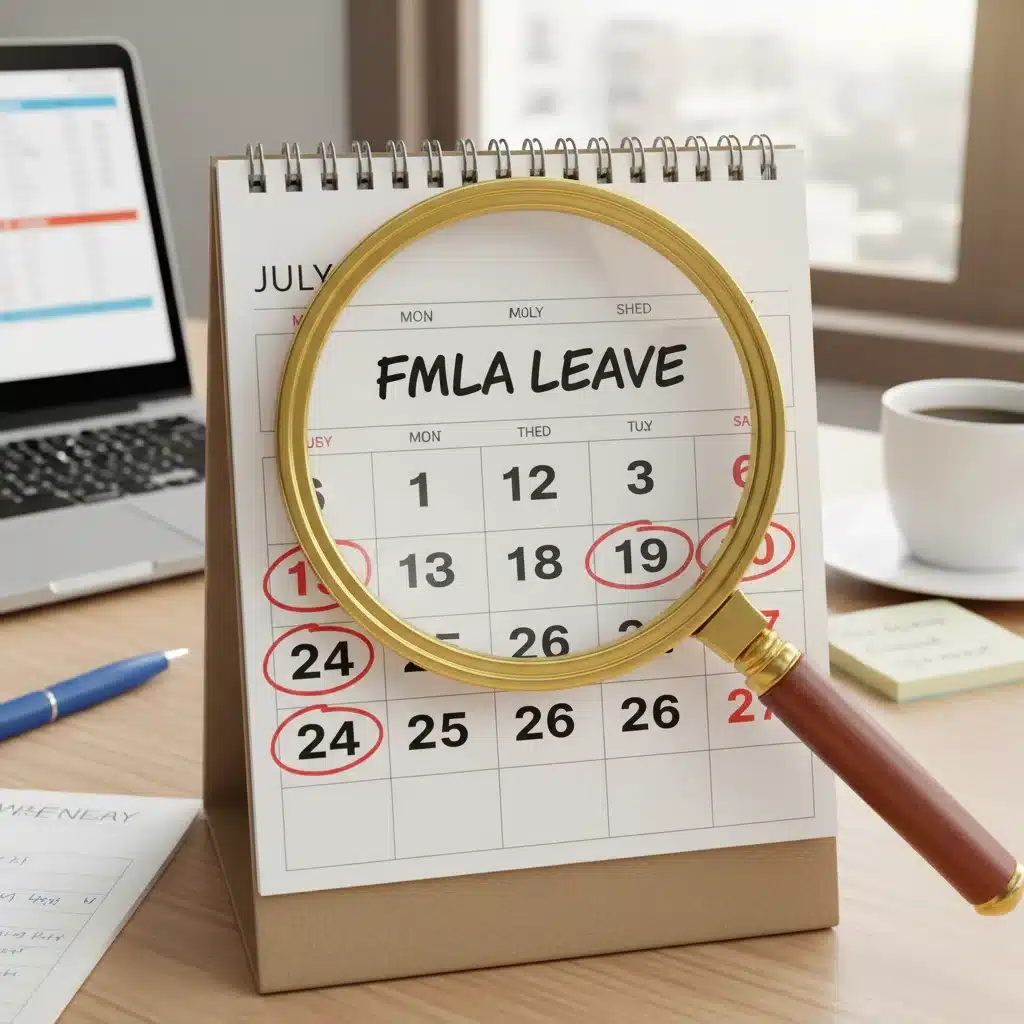 Calendar with FMLA leave dates highlighted and magnified