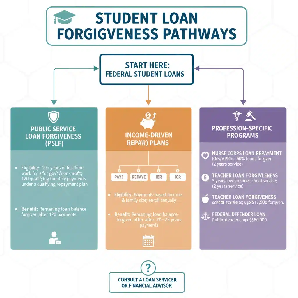 Infographic detailing student loan forgiveness pathways and eligibility