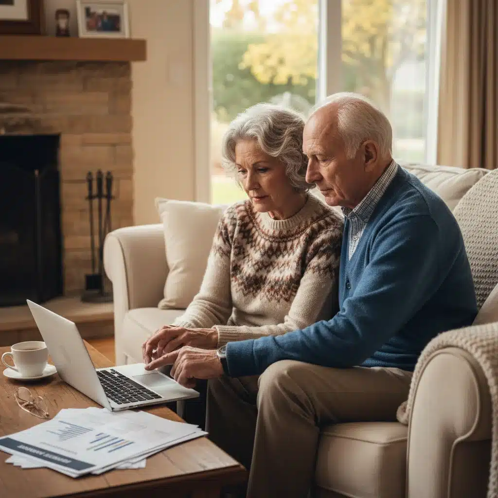 Elderly couple discussing retirement plans and Social Security benefits on a tablet.