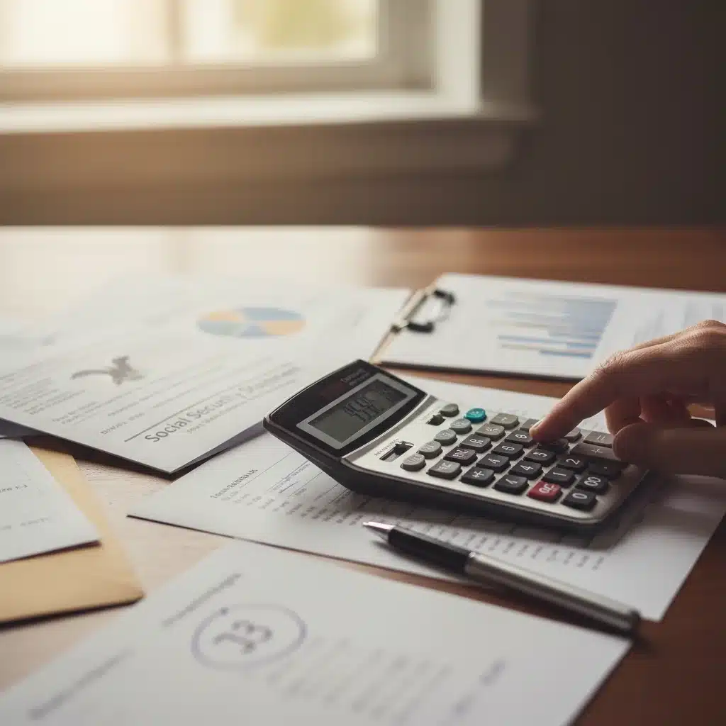 Hand holding calculator over Social Security statement, representing financial planning.