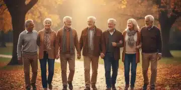 Happy senior citizens walking in a park, symbolizing secure retirement amidst financial planning.