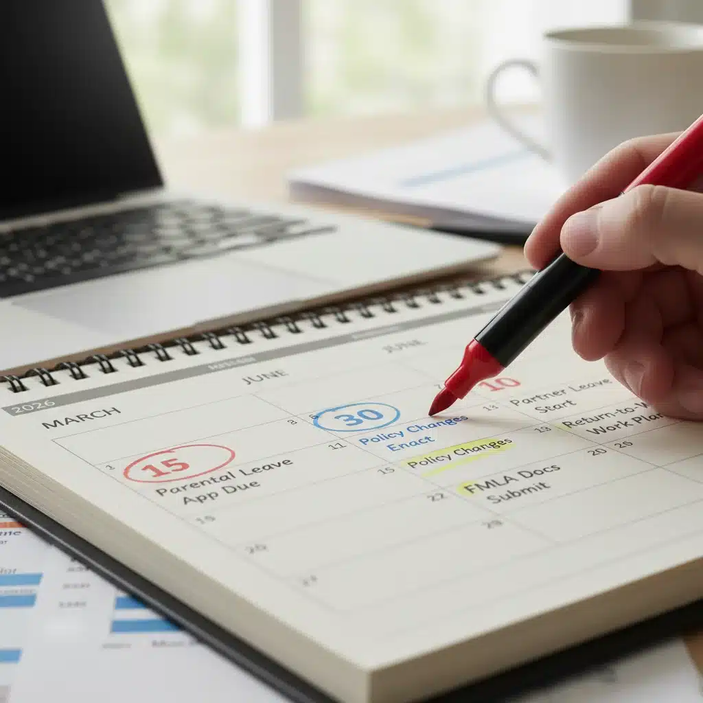 Calendar for 2026 with highlighted dates for parental leave planning and policy changes.