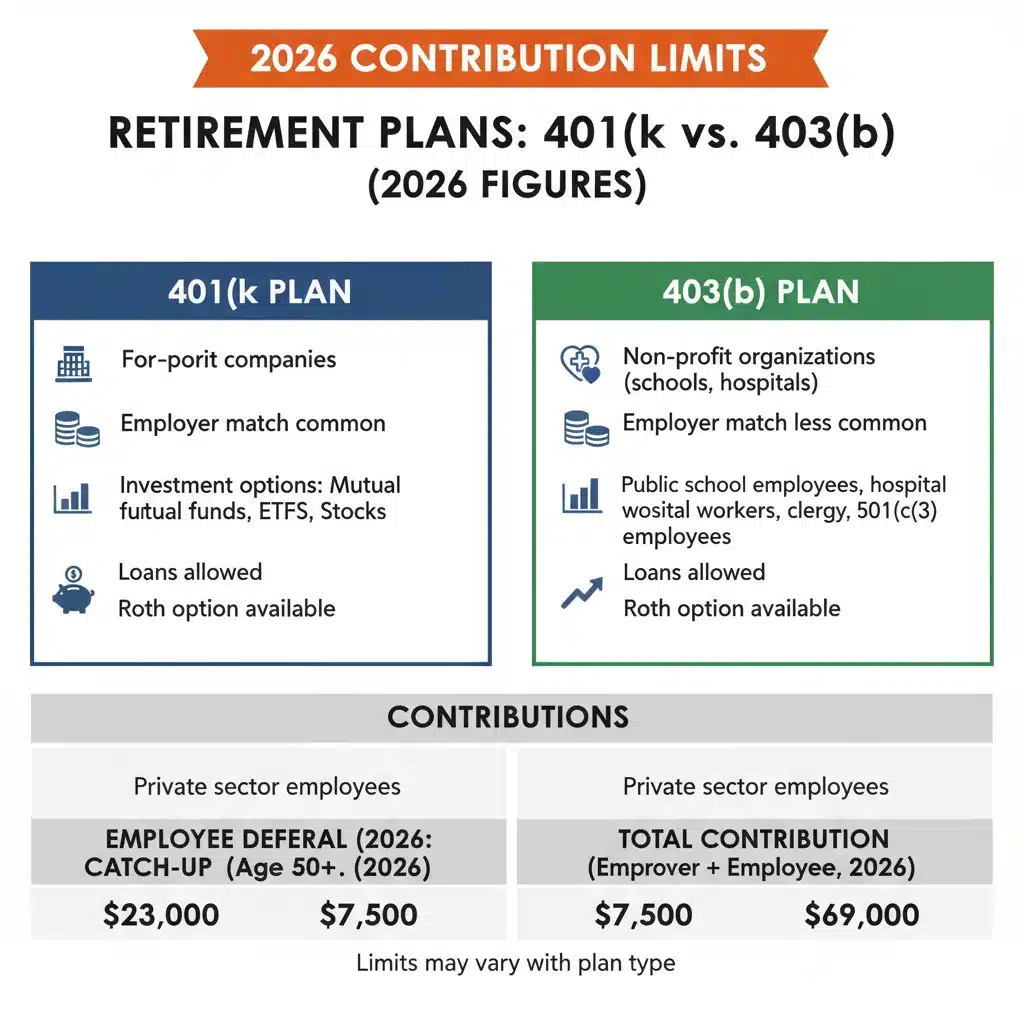 Comparison chart of 401k vs 403b plans for 2026