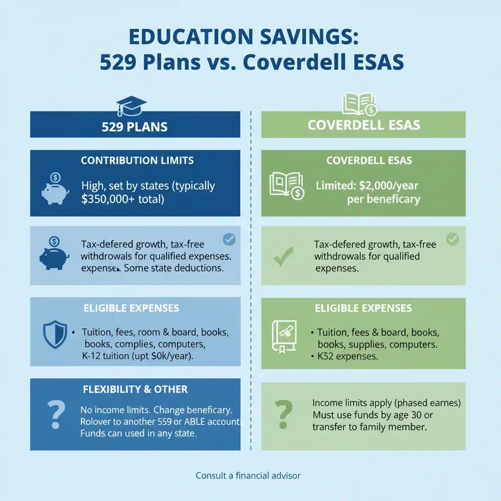 Infographic comparing 529 plans vs Coverdell ESAs features and benefits