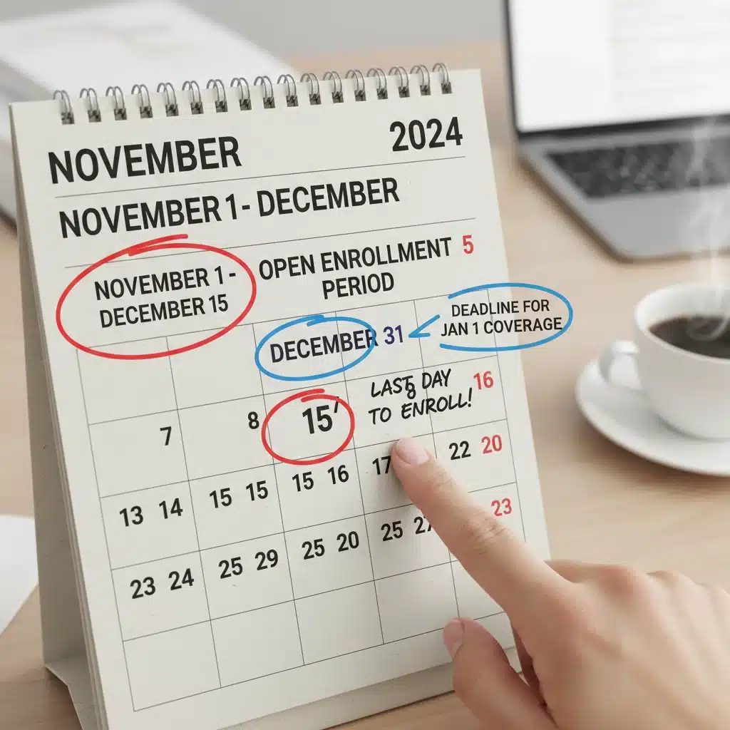 Calendar marking important ACA enrollment deadlines and key dates for health insurance.