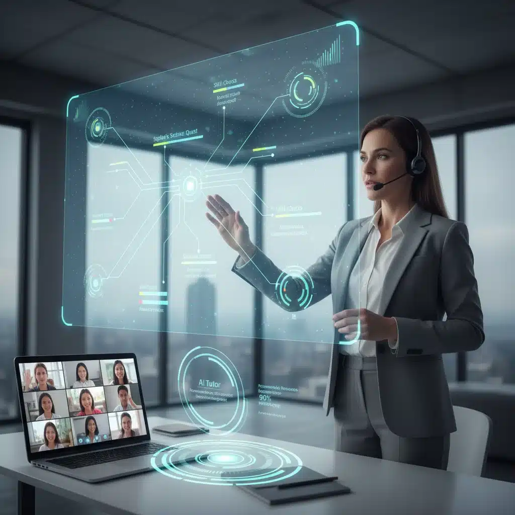 Teacher using AI for personalized remote learning with holographic display.