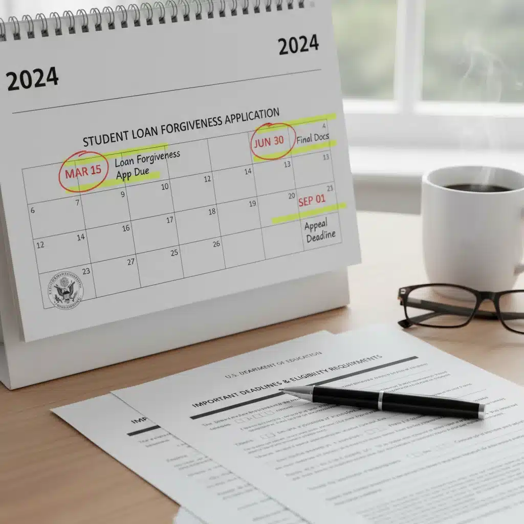 Calendar with circled dates and application documents for student loan forgiveness deadlines.