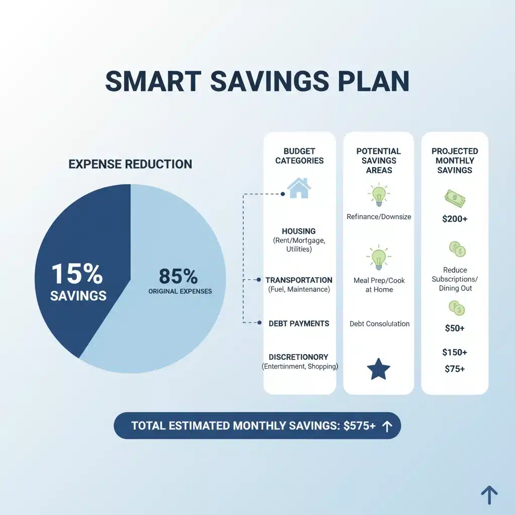 Infographic showing budgeting categories and 15 percent savings opportunities