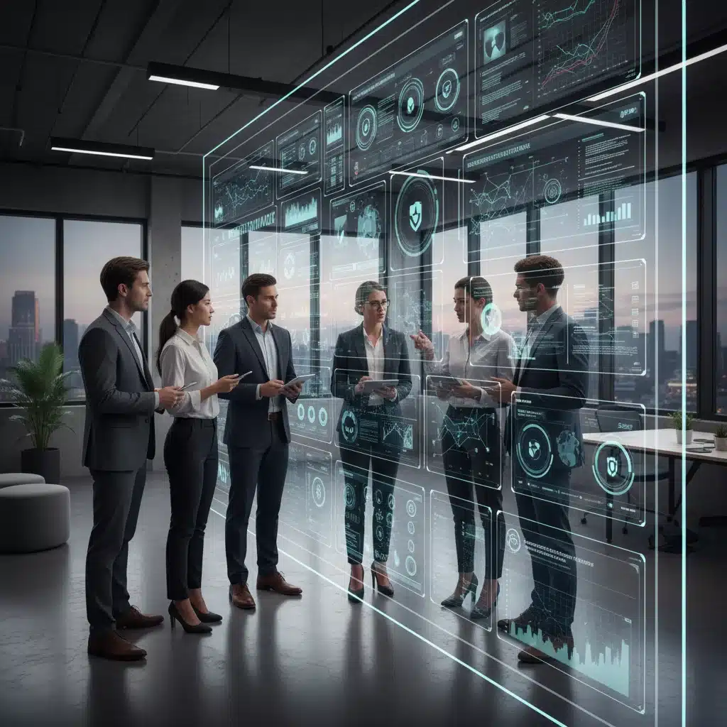 Business team collaborating on cybersecurity compliance strategies