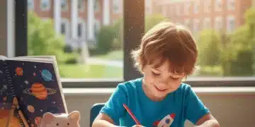 Child drawing at desk with piggy bank, symbolizing future education savings