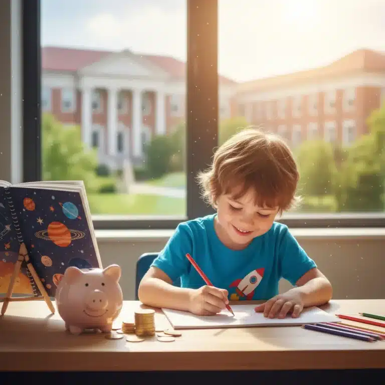 Child drawing at desk with piggy bank, symbolizing future education savings