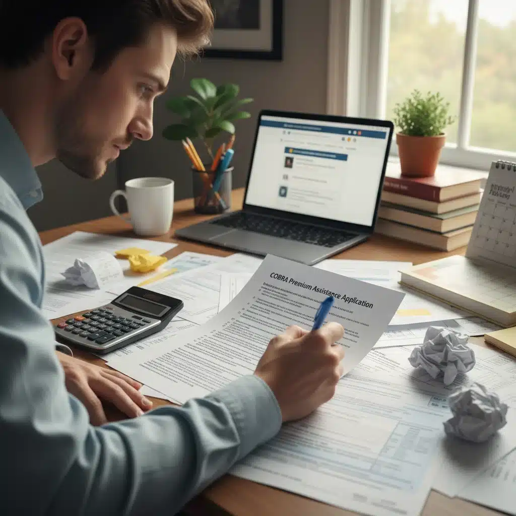 Individual meticulously completing a COBRA subsidy application form with financial documents.