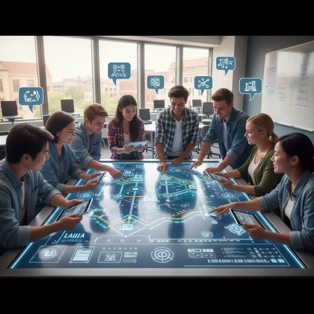 Students collaborating on an interactive gamified learning table