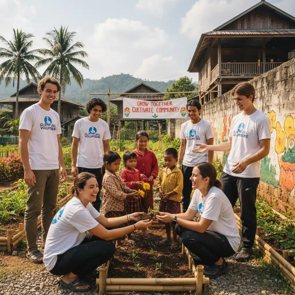 Young adults participating in an international community service project, demonstrating experiential learning.