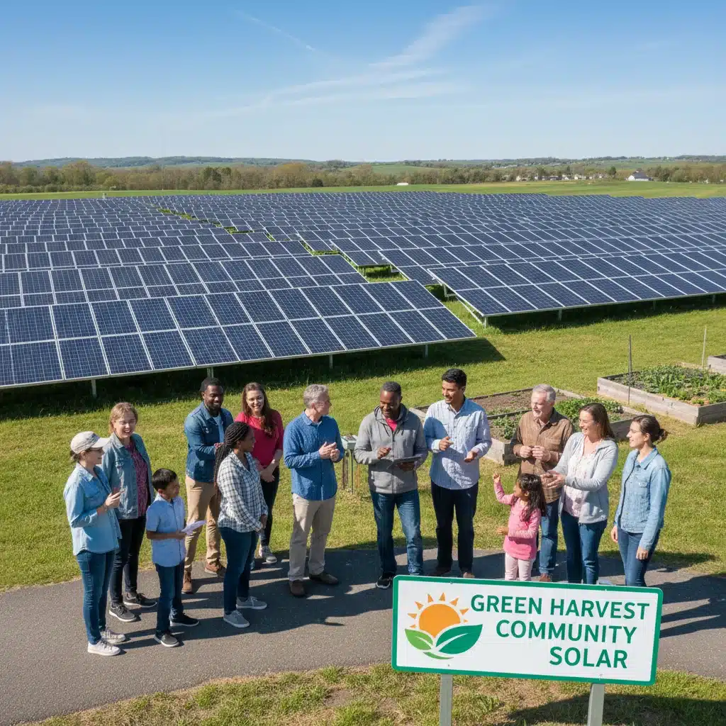 Community members at a solar farm, symbolizing shared renewable energy benefits and local investment.