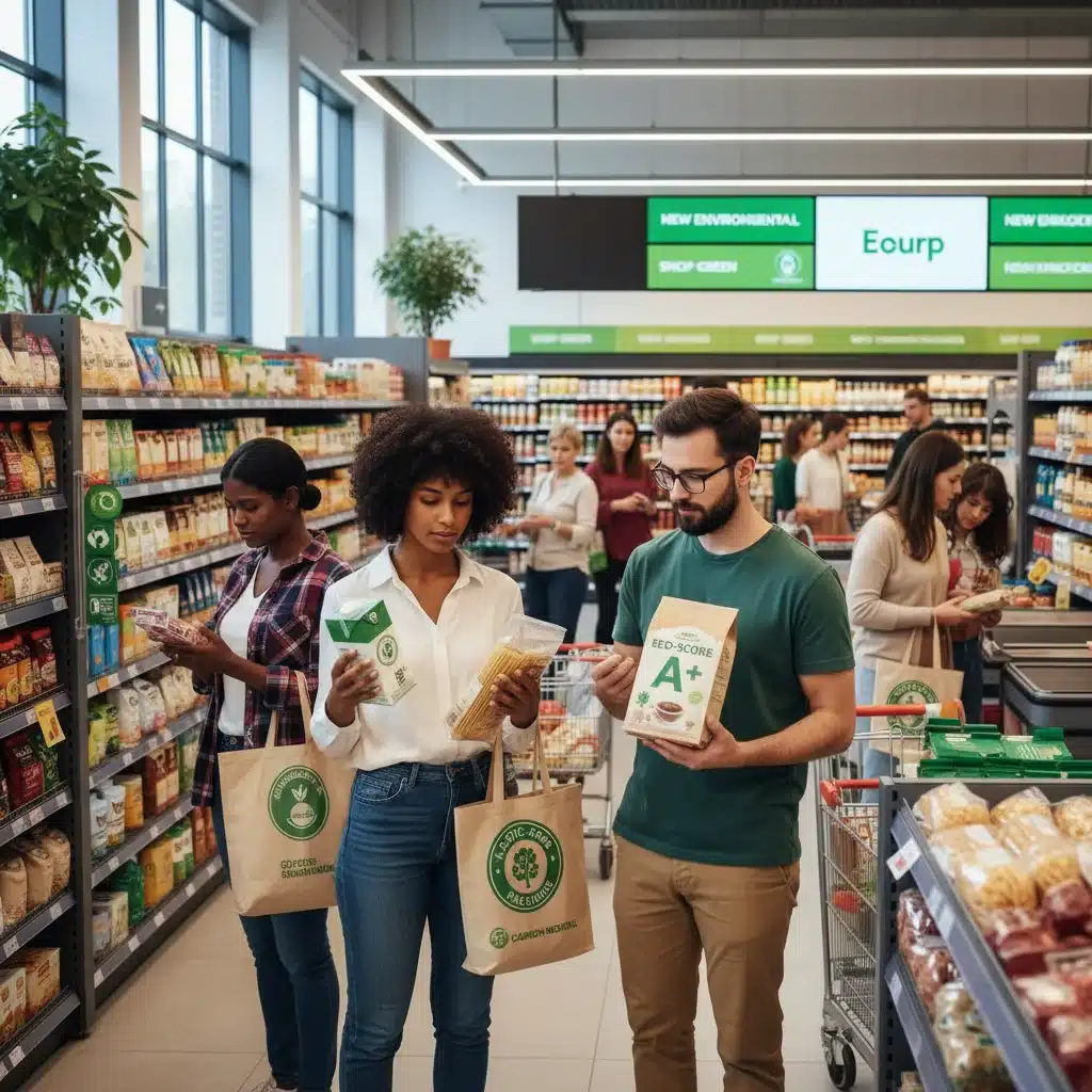 Consumers examining eco-friendly product labels in a supermarket, reflecting new policy influence.