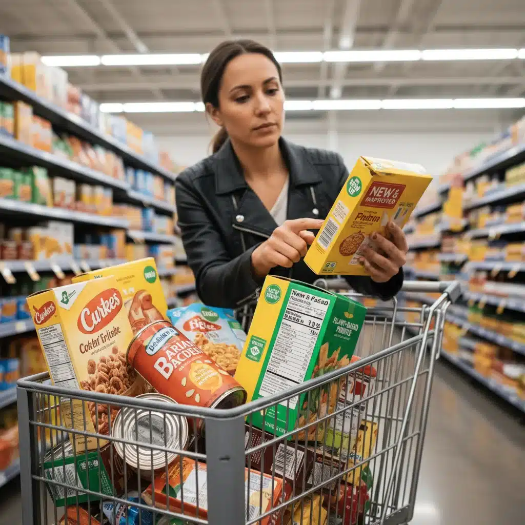 Consumer examining food labels in a grocery store aisle