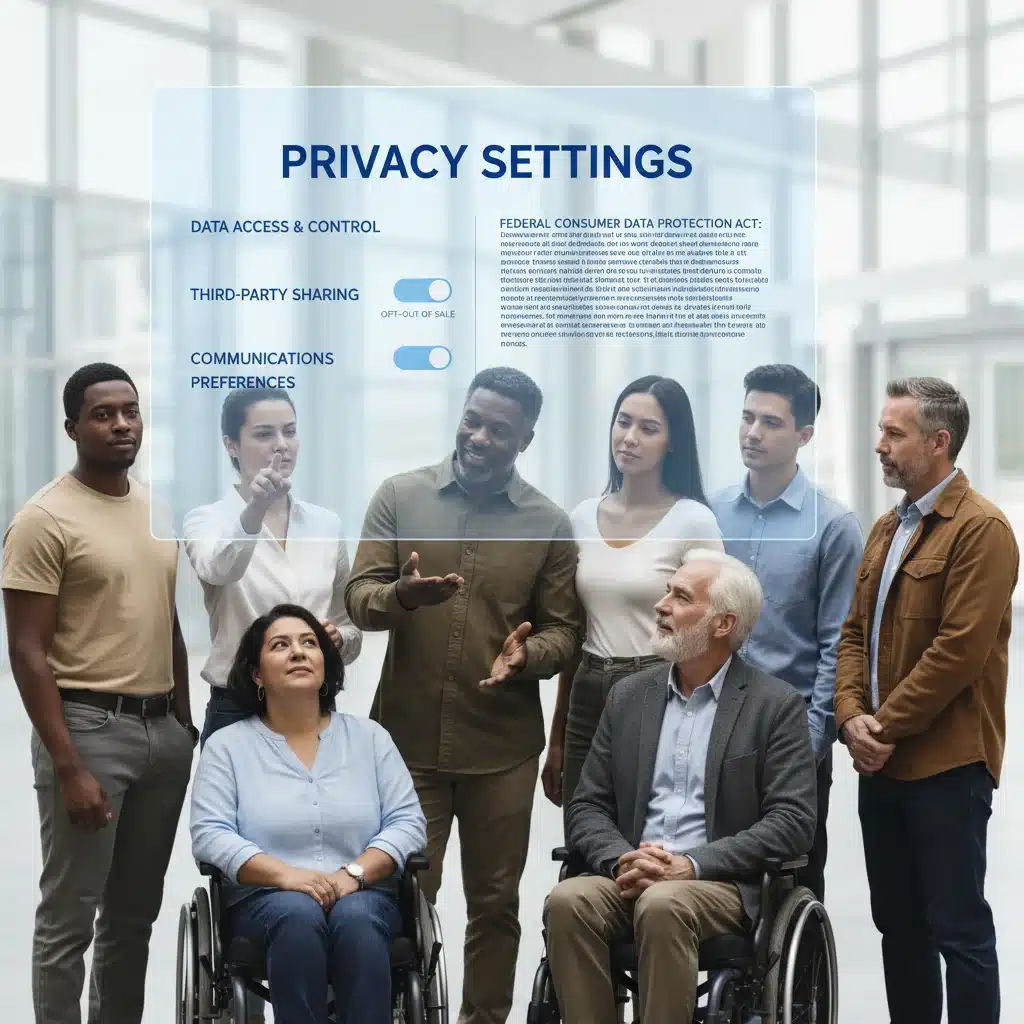 Diverse consumers reviewing digital privacy settings, empowered by new federal data protection laws.